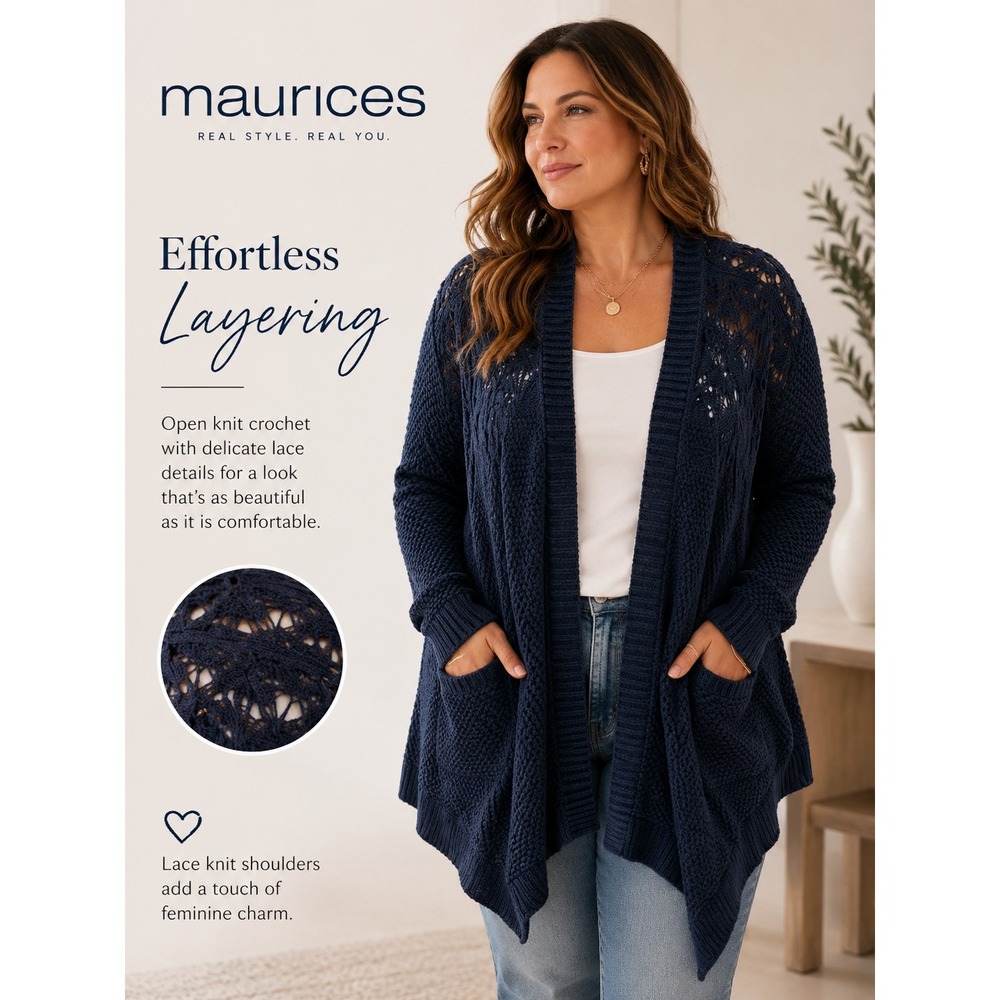 NEW Maurices Navy Blue Open Knit Crochet Cardigan Sweater Pockets Size 3x